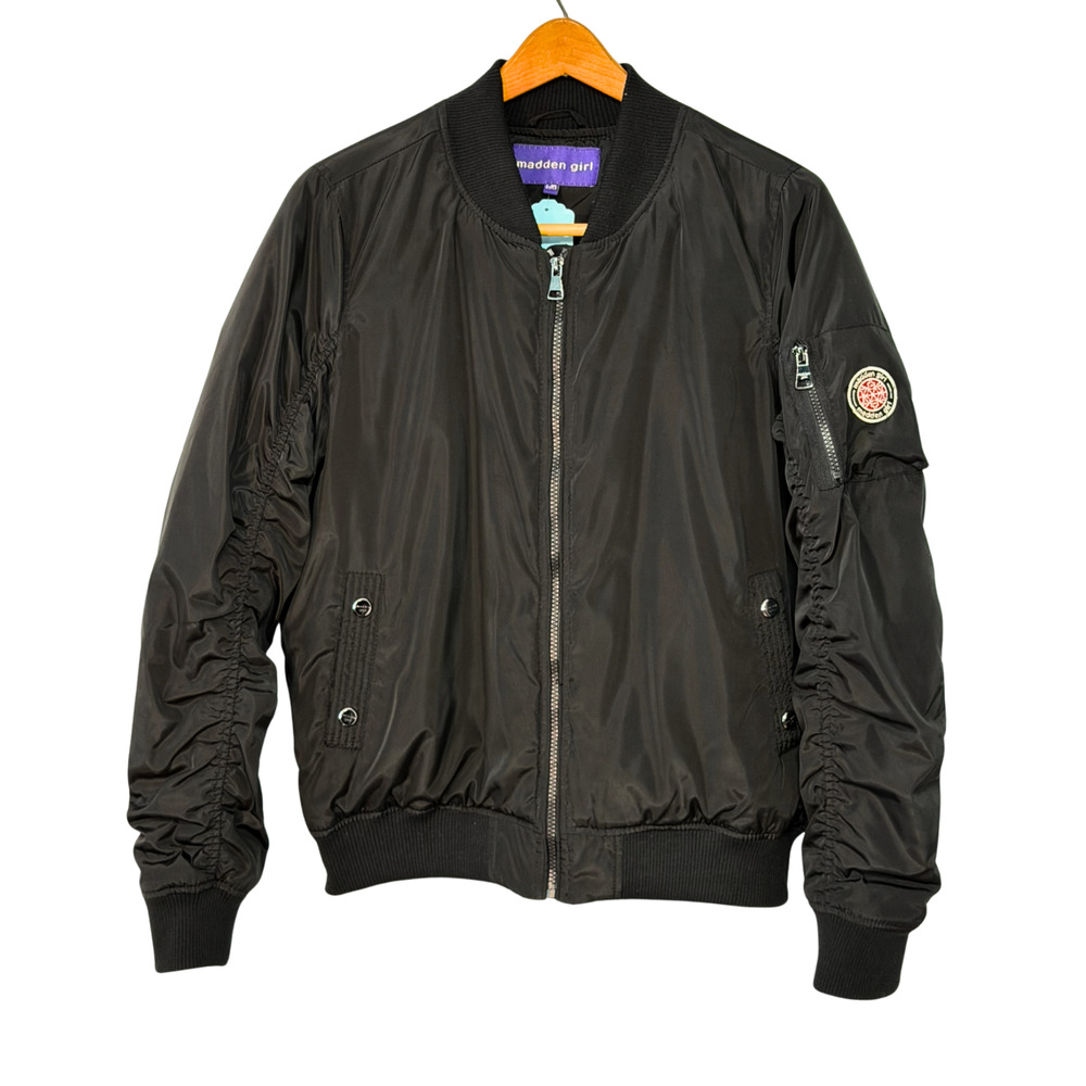 Madden Girl Jrs Sz L Satin Bomber Flight Jacket Rib Knit Trim Arm Patches Black